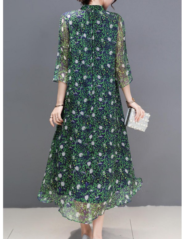 Women Floral Print Stand Collar A-Line Maxi Beach Dress