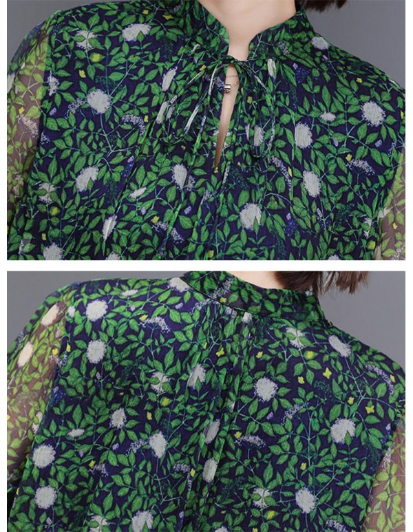 Women Floral Print Stand Collar A-Line Maxi Beach Dress