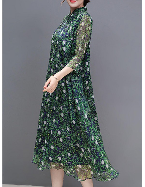 Women Floral Print Stand Collar A-Line Maxi Beach Dress
