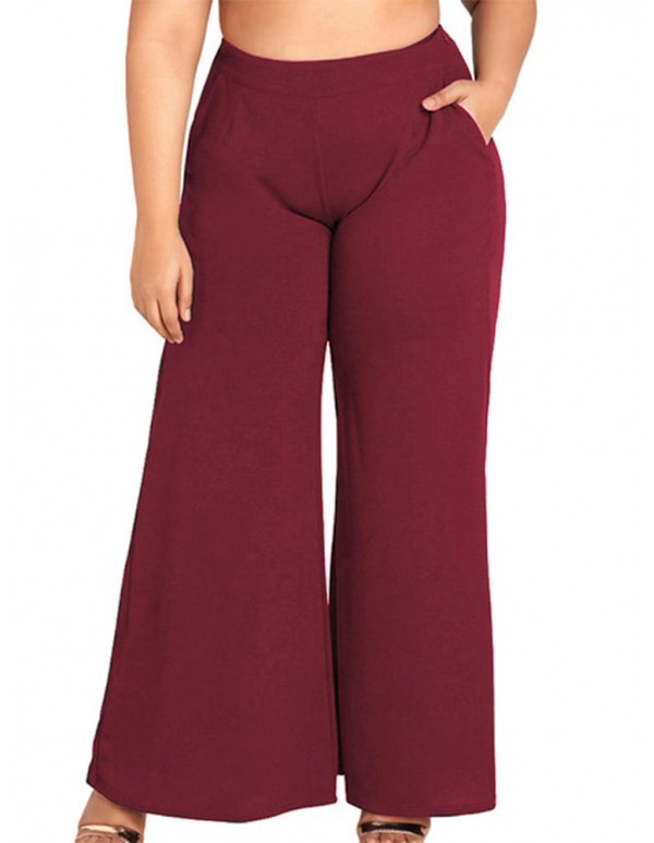 Women Plus Size Work Style Solid Color High Waisted Wide Leg Pants