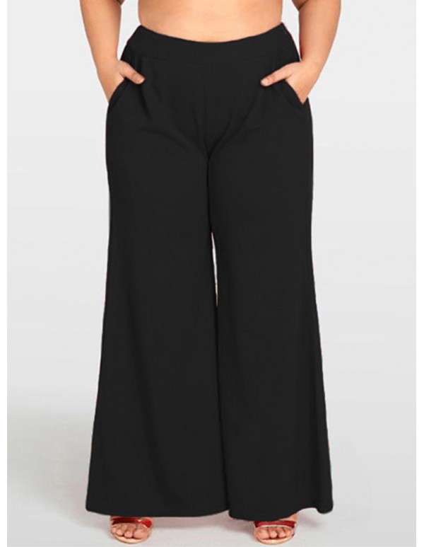 Women Plus Size Work Style Solid Color High Waisted Wide Leg Pants