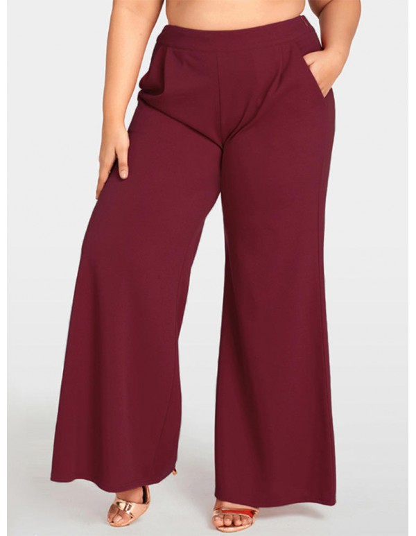 Women Plus Size Work Style Solid Color High Waisted Wide Leg Pants