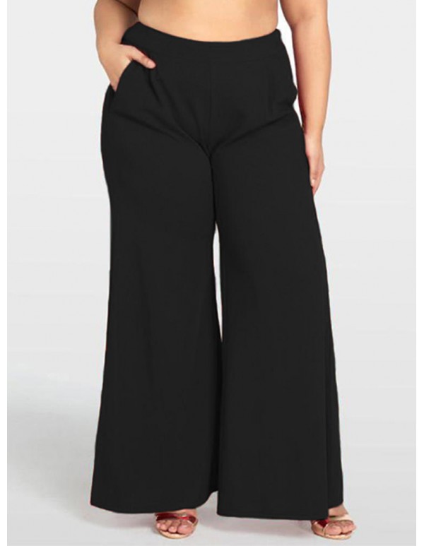 Women Plus Size Work Style Solid Color High Waisted Wide Leg Pants