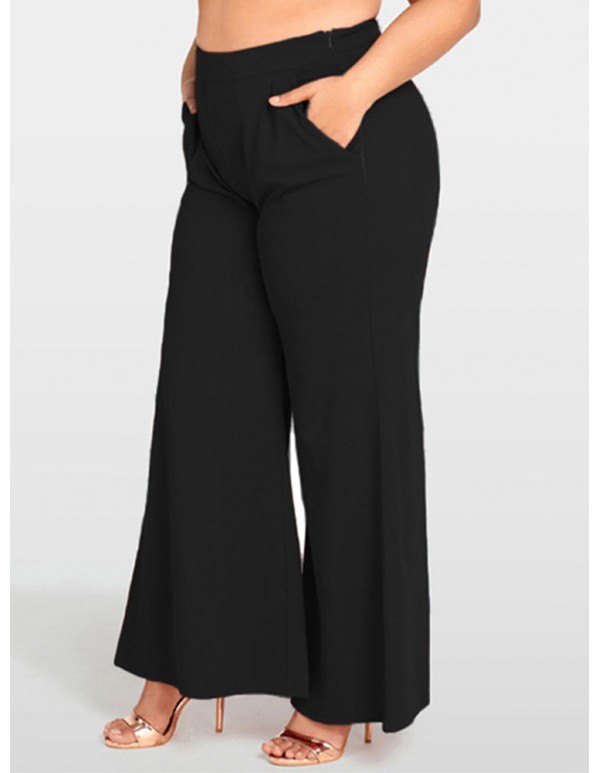 Women Plus Size Work Style Solid Color High Waisted Wide Leg Pants