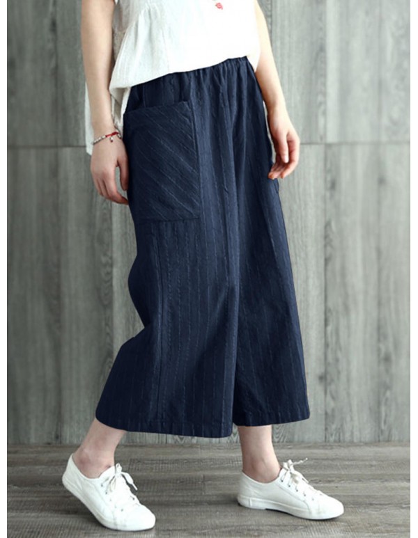 Women Plus Size Stripe Cotton Wide Legged Pants