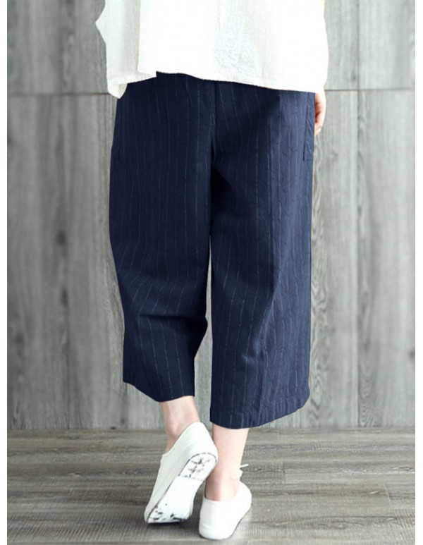 Women Plus Size Stripe Cotton Wide Legged Pants