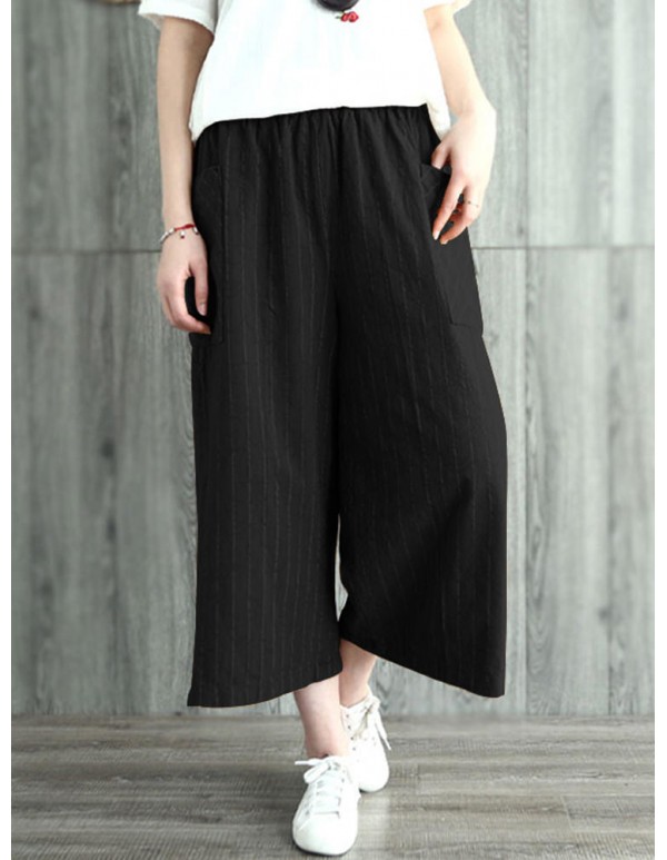 Women Plus Size Stripe Cotton Wide Legged Pants