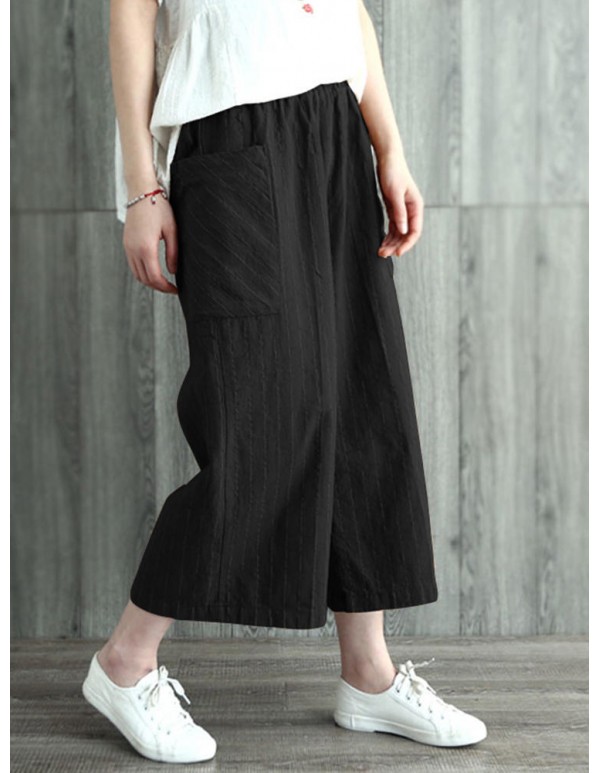 Women Plus Size Stripe Cotton Wide Legged Pants