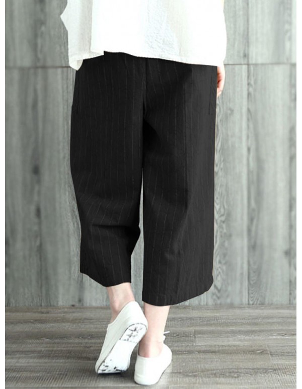 Women Plus Size Stripe Cotton Wide Legged Pants