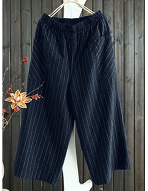 Women Plus Size Stripe Cotton Wide Legged Pants