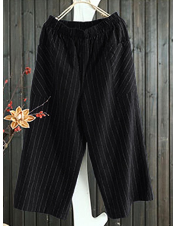 Women Plus Size Stripe Cotton Wide Legged Pants