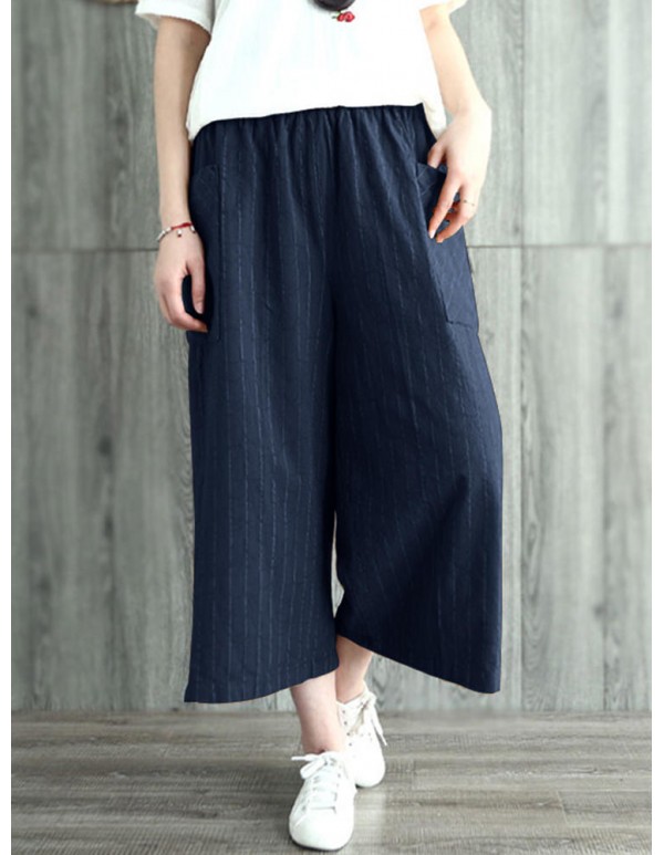 Women Plus Size Stripe Cotton Wide Legged Pants