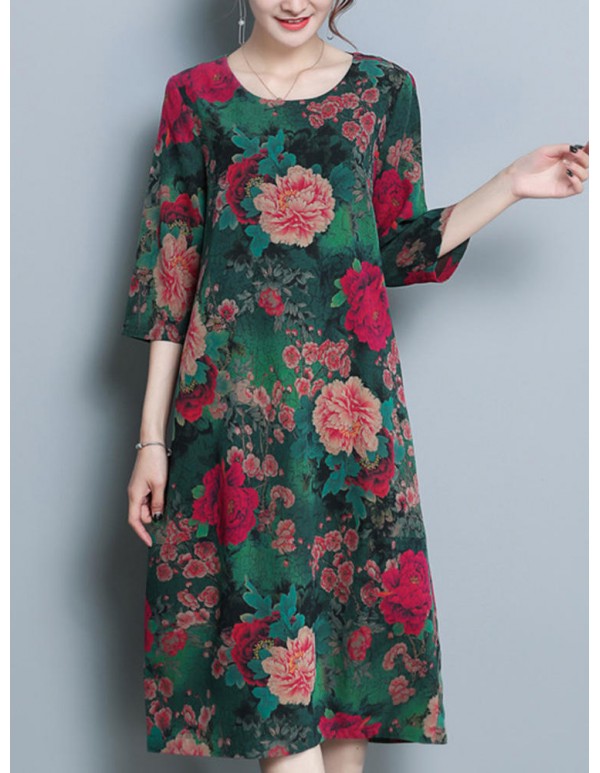 Plus Size Vintage Floral Print Pocket Dress