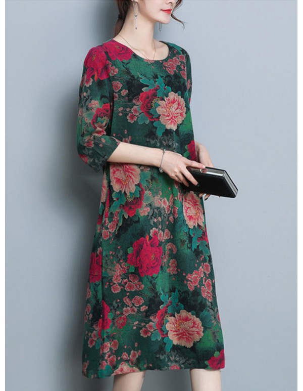 Plus Size Vintage Floral Print Pocket Dress