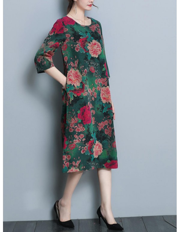 Plus Size Vintage Floral Print Pocket Dress