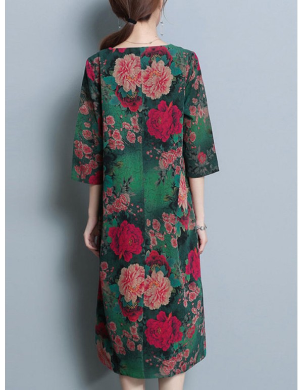 Plus Size Vintage Floral Print Pocket Dress