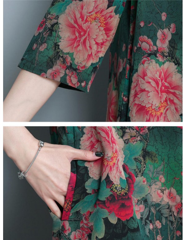 Plus Size Vintage Floral Print Pocket Dress
