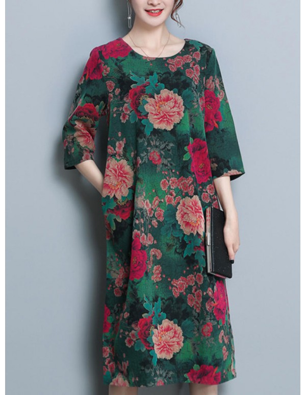 Plus Size Vintage Floral Print Pocket Dress