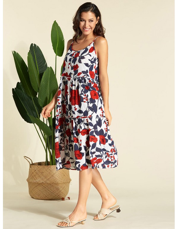 Women Bohemian Floral Print Straps Long Dress