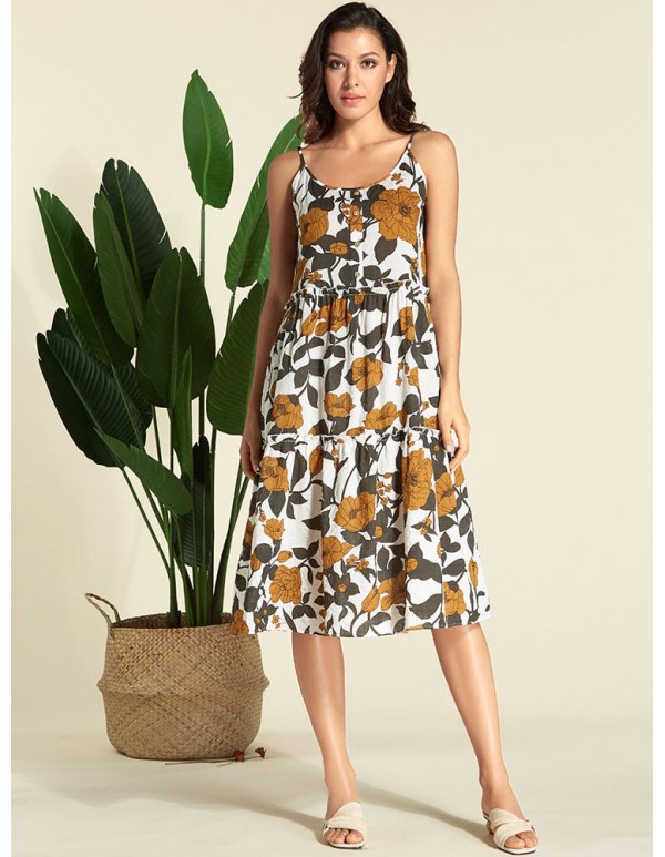 Women Bohemian Floral Print Straps Long Dress