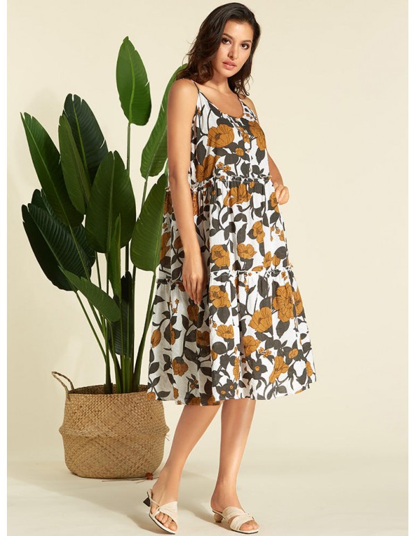 Women Bohemian Floral Print Straps Long Dress
