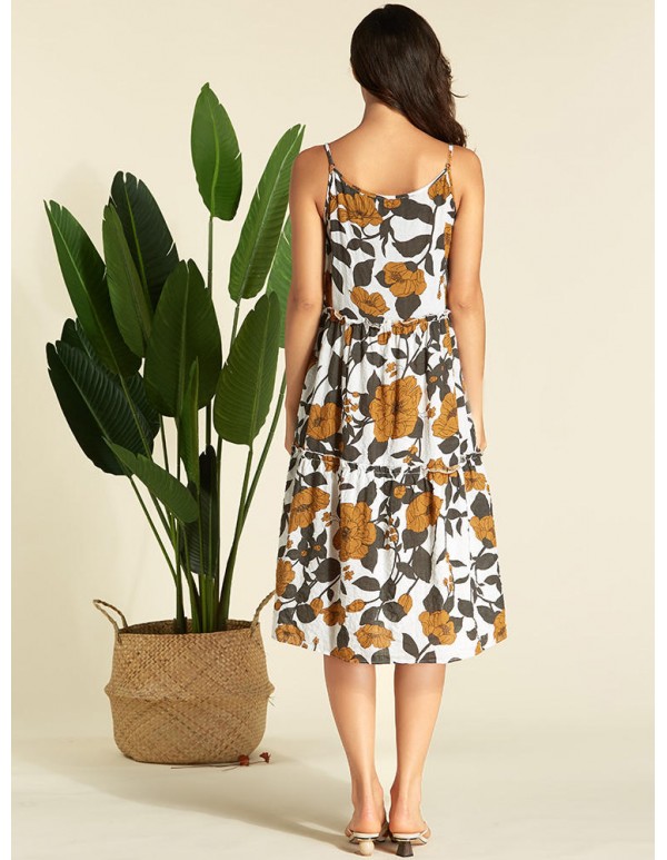 Women Bohemian Floral Print Straps Long Dress