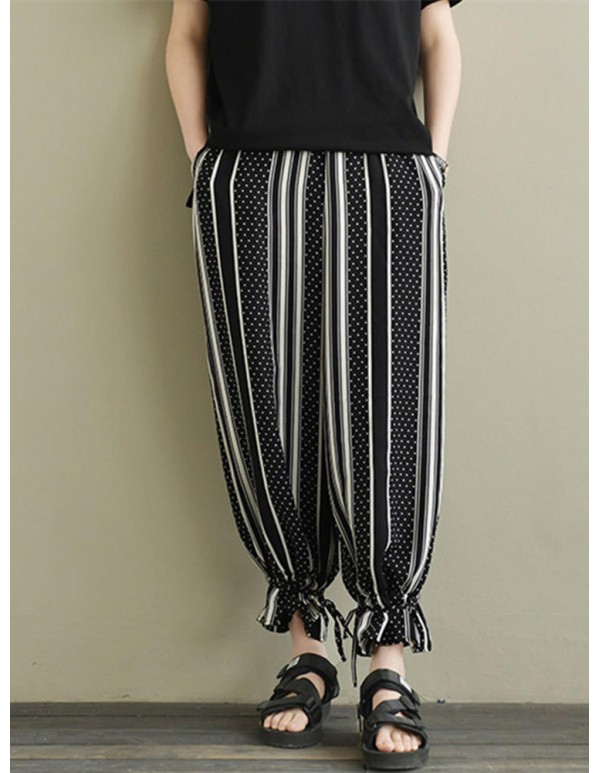 Plus Size Fashion Polka Dot Striped Harem Pants with Pockets