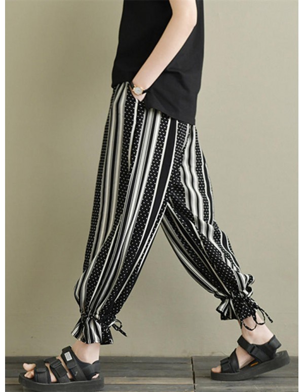 Plus Size Fashion Polka Dot Striped Harem Pants with Pockets