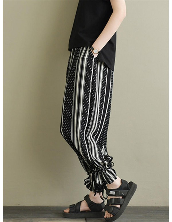 Plus Size Fashion Polka Dot Striped Harem Pants with Pockets