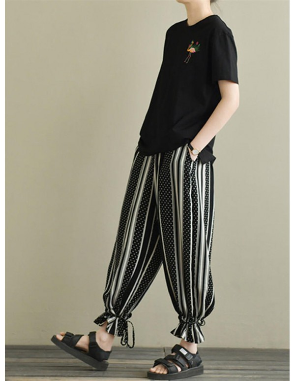 Plus Size Fashion Polka Dot Striped Harem Pants with Pockets