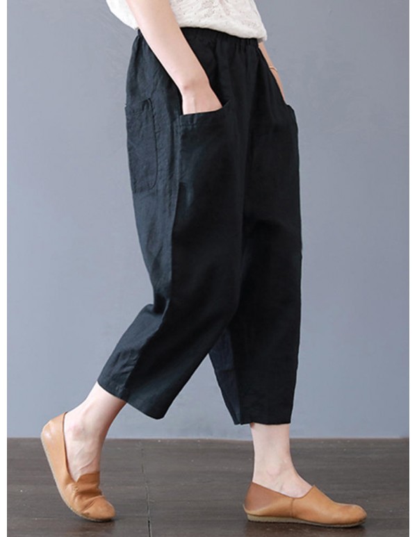 Plus Size Women Cotton Loose Harem Pants with Pockets