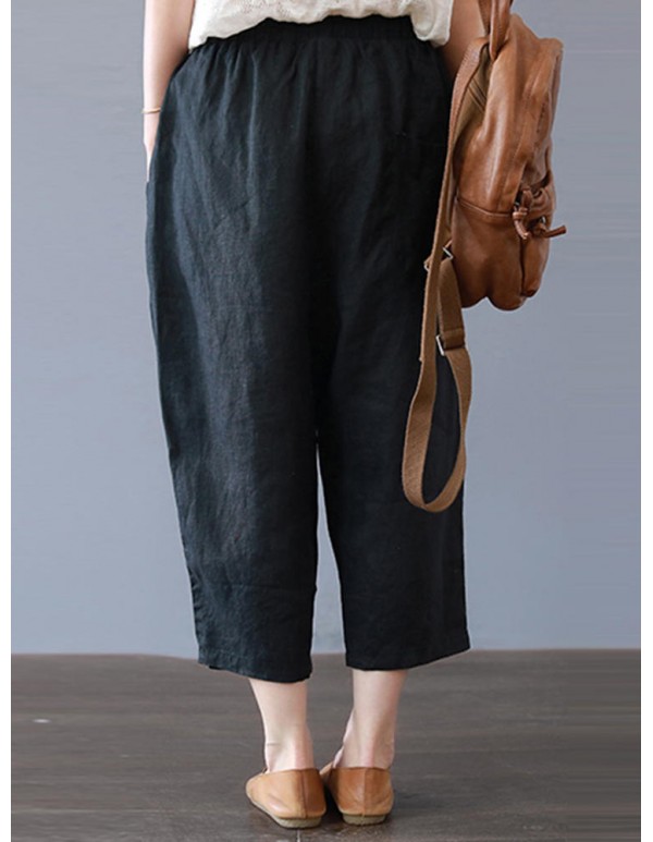 Plus Size Women Cotton Loose Harem Pants with Pockets