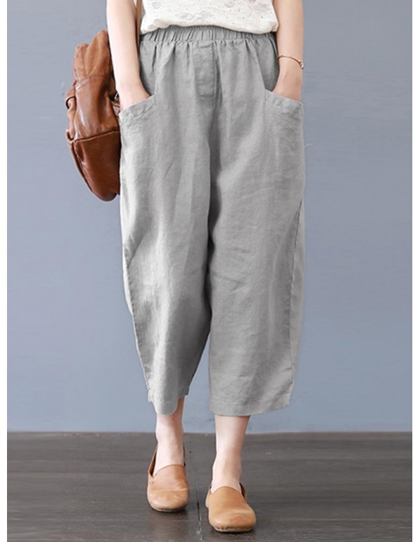 Plus Size Women Cotton Loose Harem Pants with Pockets