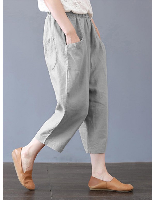 Plus Size Women Cotton Loose Harem Pants with Pockets