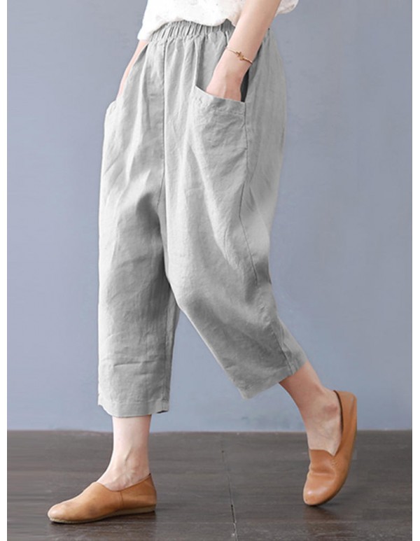 Plus Size Women Cotton Loose Harem Pants with Pockets