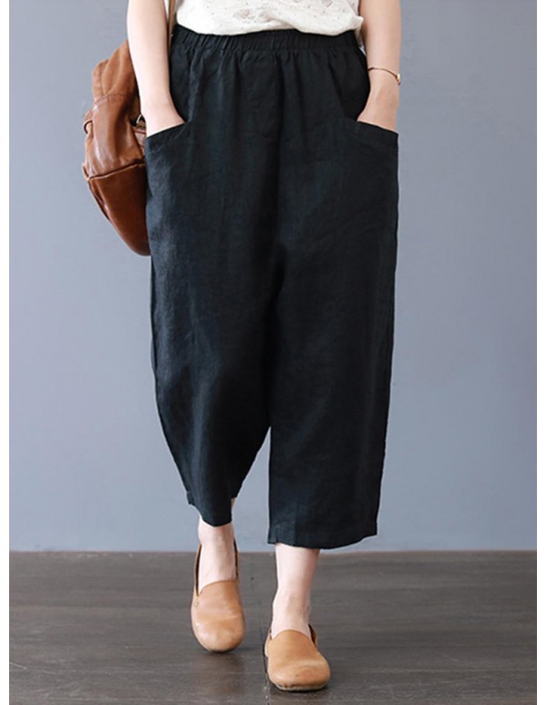 Plus Size Women Cotton Loose Harem Pants with Pockets