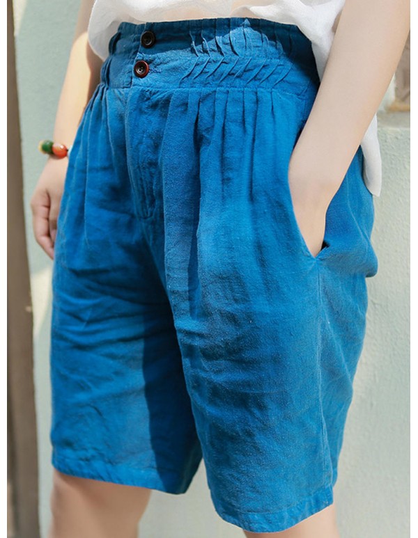 Casual Women Linen Elastic Waist Pure Color Shorts