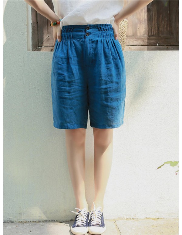 Casual Women Linen Elastic Waist Pure Color Shorts