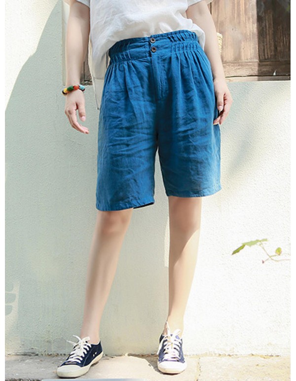 Casual Women Linen Elastic Waist Pure Color Shorts
