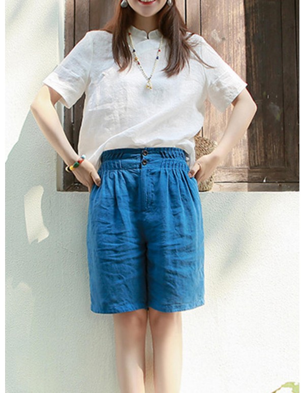Casual Women Linen Elastic Waist Pure Color Shorts