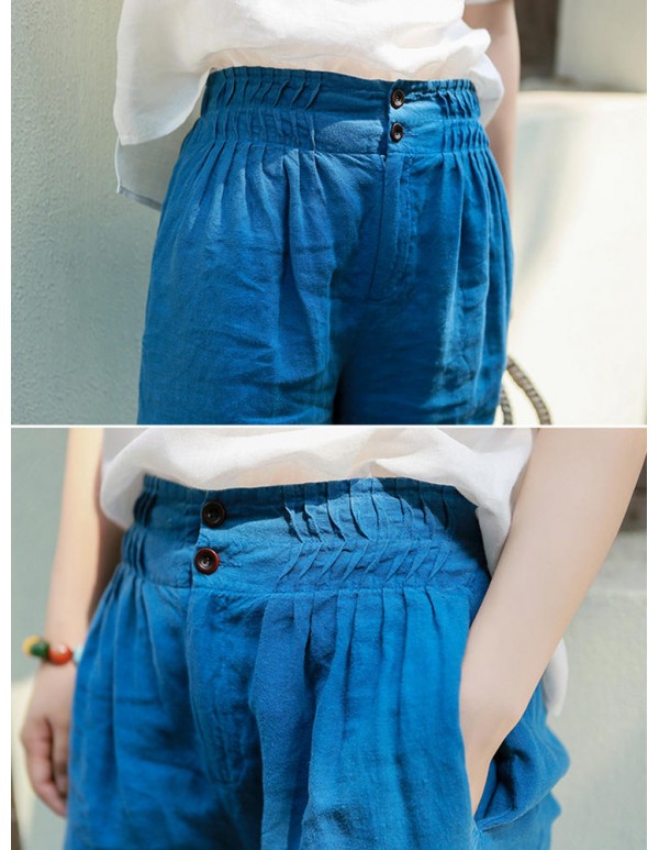 Casual Women Linen Elastic Waist Pure Color Shorts