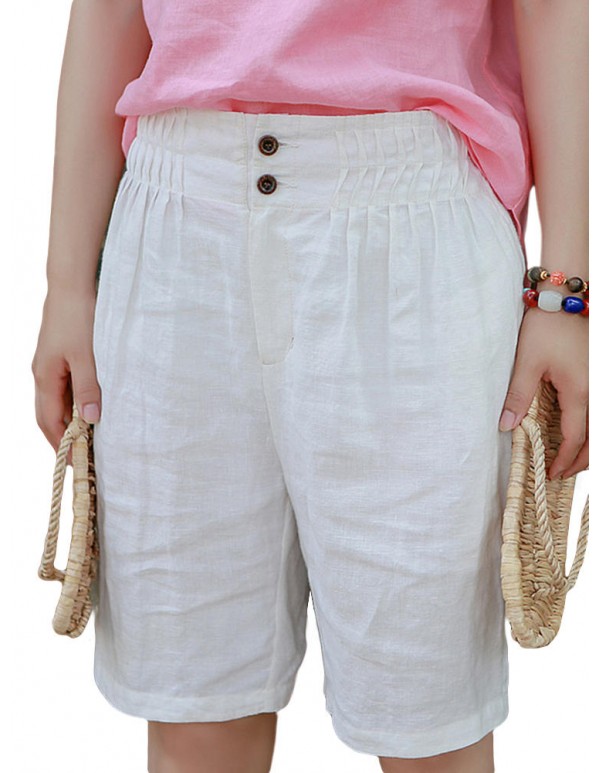 Casual Women Linen Elastic Waist Pure Color Shorts
