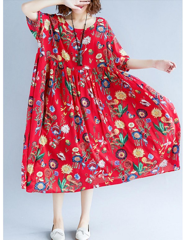 Cotton Floral Print O-neck Elastic Waist Maxi Dress