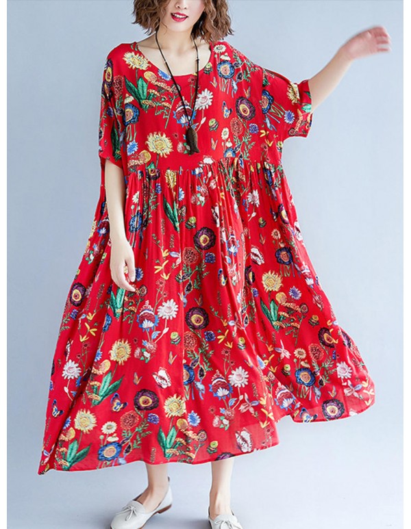 Cotton Floral Print O-neck Elastic Waist Maxi Dress