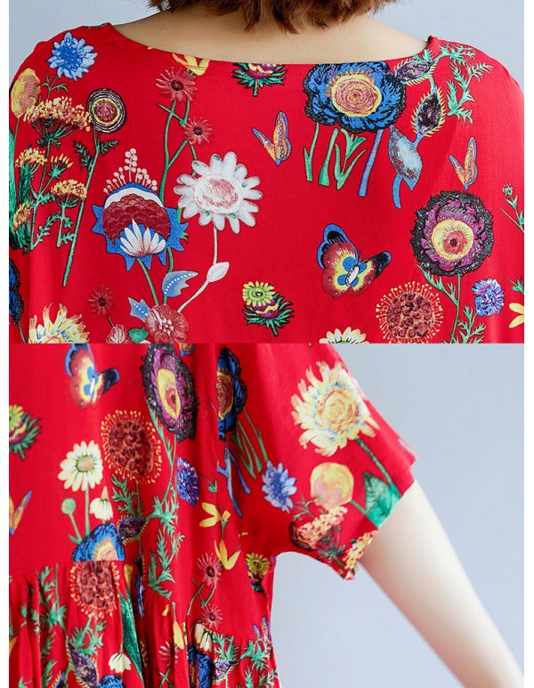 Cotton Floral Print O-neck Elastic Waist Maxi Dress