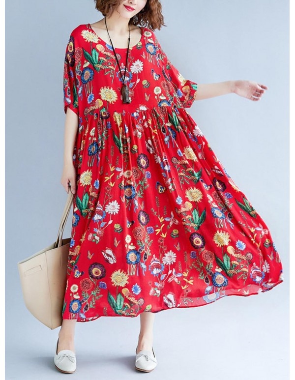 Cotton Floral Print O-neck Elastic Waist Maxi Dress