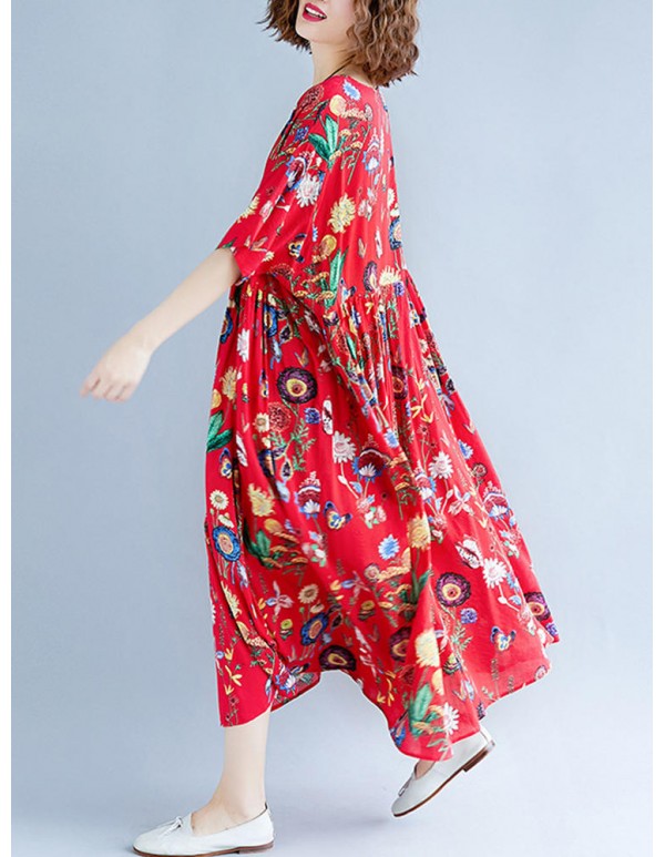 Cotton Floral Print O-neck Elastic Waist Maxi Dress