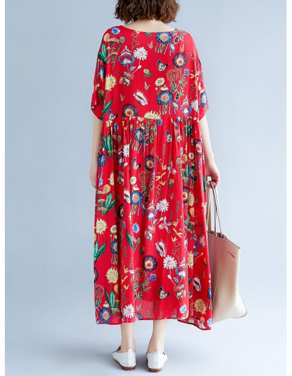 Cotton Floral Print O-neck Elastic Waist Maxi Dress