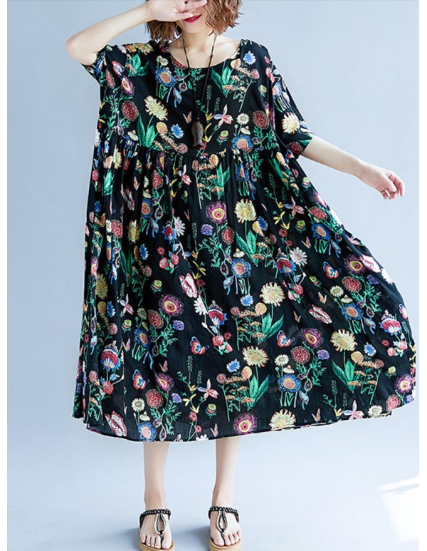 Cotton Floral Print O-neck Elastic Waist Maxi Dress