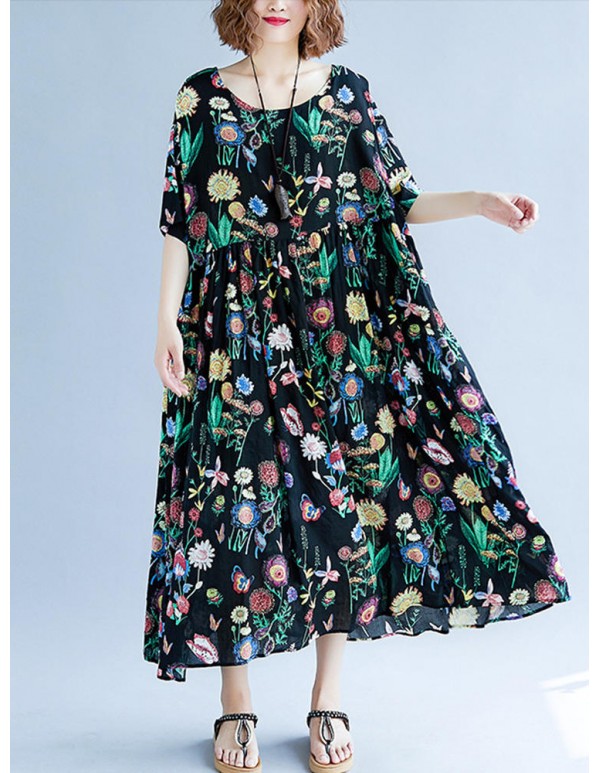 Cotton Floral Print O-neck Elastic Waist Maxi Dress